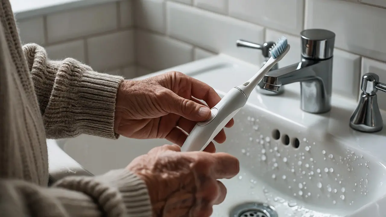 Senior používá elektrický kartáček se zvětšeným úchopem